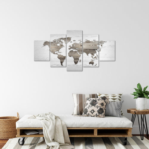 Runa Art Bild Büro Wohnzimmer Weltkarte 5 Teilig Holzwand Schwarz Weiss Wandbilder auf Vlies Leinwand 035053c