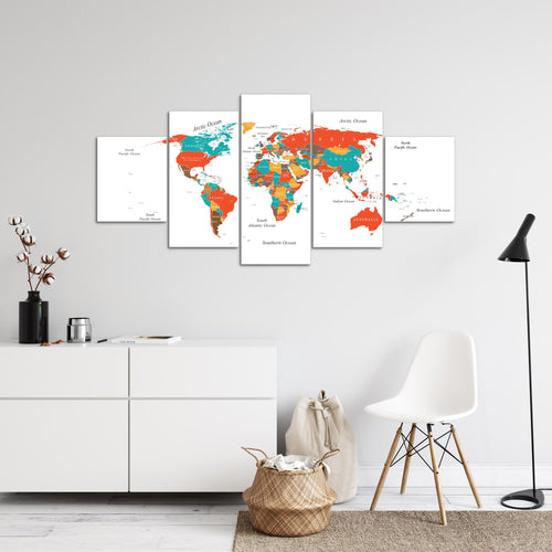 Runa Art - Bilder Weltkarte 200L x 100B cm 5 Teilig XXL Wanddekoration Design Weltkarte Türkis Orange 057251a