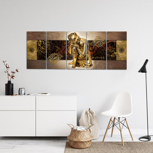Runa Art Wandbild XXL Buddha Zen Wohnzimmer Schlafzimmer 200 x 80 cm Gold 5 Teilig - Made in Germany - 041355a