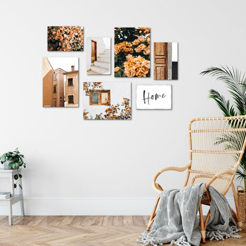Novart Wandbilder Home Blumen - KOMPLETT AUFHÄNGFERTIG - Orange Wohnzimmer Schlafzimmer - 7 Moderne Mood-Bilder - N010171a