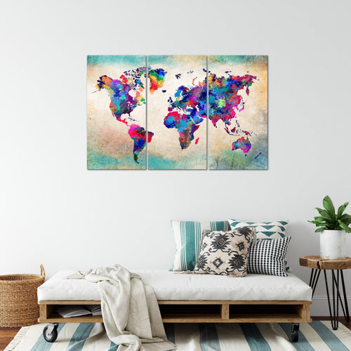 Runa Art Wandbilder Weltkarte Bild XXL Büro Wohnzimmer Bunt Vintage Kontinente 120 x 80 cm 3 Teilig 013331a
