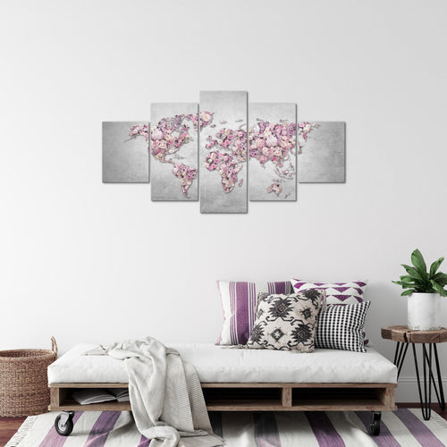 Runa Art Bild Wohnzimmer Schlafzimmer Weltkarte Blumen 5 Teilig Steinwand Grau Rosa Wandbilder auf Vlies Leinwand 023253a