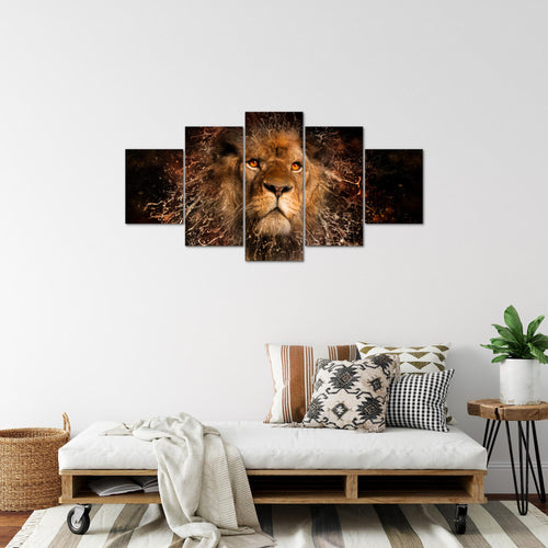 Runa Art Bild Wohnzimmer Schlafzimmer Afrika Löwe 5 Teilig Abstrakt Tiere Schwarz Gold Wandbilder auf Vlies Leinwand 040753a