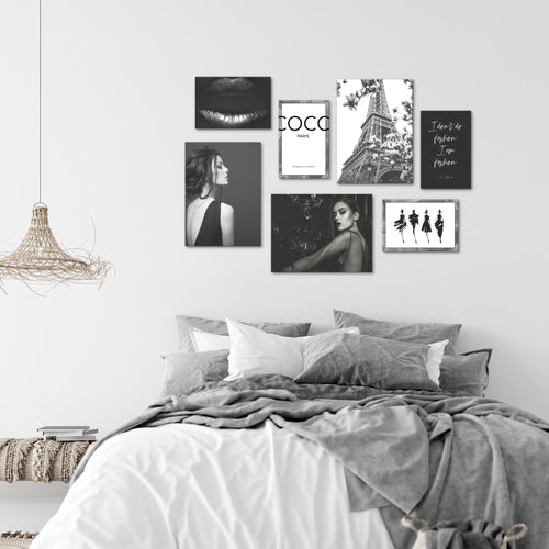 Novart Wandbilder Fashion - KOMPLETT AUFHÄNGFERTIG - Schwarz Weiss Wohnzimmer Mädchen Teenager - 7 Moderne Mood-Bilder - N000871a