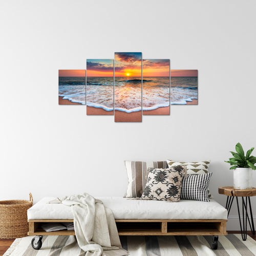 Runa Art Bild Wohnzimmer Schlafzimmer Strand Meer 5 Teilig Sonnenuntergang Orange Wandbilder auf Vlies Leinwand 044553a