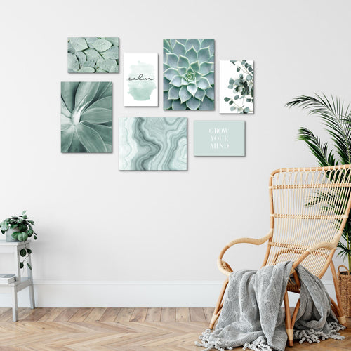 Novart Wandbilder Grüne Blätter - KOMPLETT AUFHÄNGFERTIG - Natur Wohnzimmer Schlafzimmer - 7 Moderne Mood-Bilder - N027471a