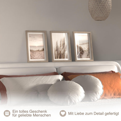 Novart Biler Set Boho - mit Rahmen - Wohnzimmer Schlafzimmer Wanddeko - 3 Wandbilder Beige - N103930aR1