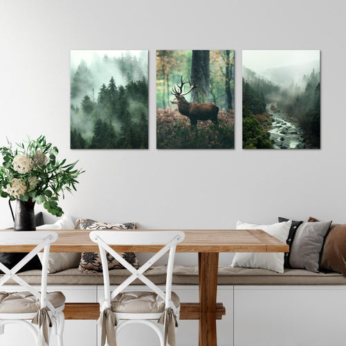 Novart Wandbilder Set Landschaft - KOMPLETT AUFHÄNGFERTIG - Wohnzimmer Schlafzimmer Büro Deko - 3 Moderne Bilder Waldlandschaft - N004635a