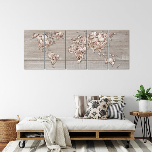 Runa Art Wandbild XXL Weltkarte Blumen Wohnzimmer Schlafzimmer 200 x 80 cm Beige Braun 5 Teilig - Made in Germany - 023255c