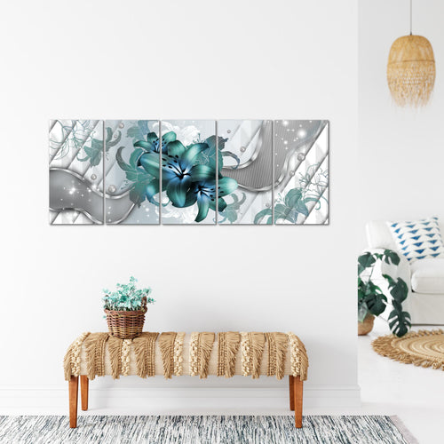 Runa Art Wandbild XXL Blumen Lilien Wohnzimmer Schlafzimmer 200 x 80 cm Grau Türkis 5 Teilig - Made in Germany - 016555a