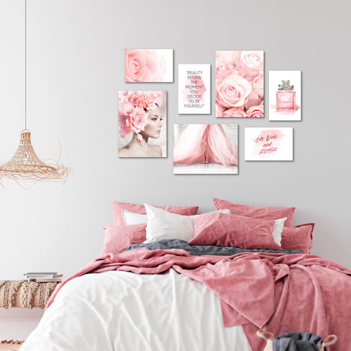 Novart Wandbilder Fashion - KOMPLETT AUFHÄNGFERTIG - Rosa Wohnzimmer Mädchen Teenager - 7 Moderne Mood-Bilder - N008571a