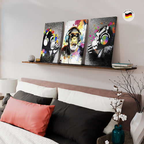 Novart Bilder Set Street Art - KEIN EXTRA RAHMEN BENÖTIGT - Wandbilder für Wohnzimmer Schlafzimmer Büro - 3 Teilig Deko Affe - N034536a
