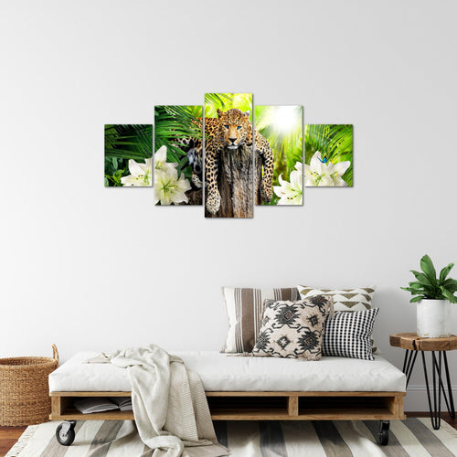 Runa Art Bild Wohnzimmer Schlafzimmer Afrika Leopard 5 Teilig Natur Savanne Grün Wandbilder auf Vlies Leinwand 006753a