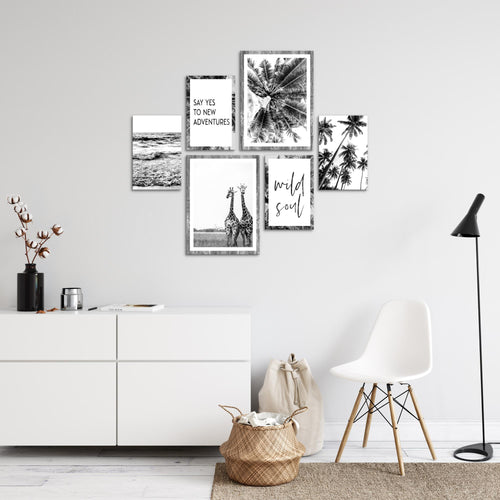 Novart Wandbilder Set Giraffen Palmen Schwarz Weiss - KEIN EXTRA RAHMEN BENÖTIGT -  Modern Deko  - Wohnzimmer Schlafzimmer N014363a