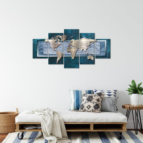 Runa Art Bild Büro Wohnzimmer Weltkarte 5 Teilig Kontinente Metall Blau Wandbilder auf Vlies Leinwand 106753c