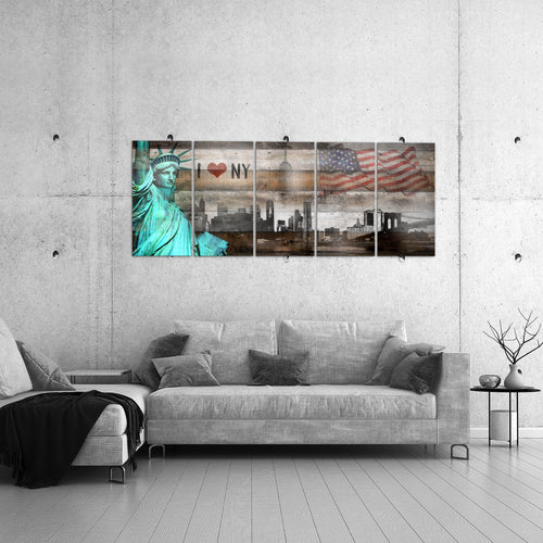 Runa Art Wandbild XXL New York City Wohnzimmer Büro 200 x 80 cm Türkis Braun 5 Teilig - Made in Germany - 034255c