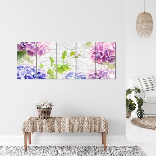 Runa Art Wandbild XXL Blumen Hortensien Wohnzimmer Schlafzimmer 200 x 80 cm Bunt 5 Teilig - Made in Germany - 017555a