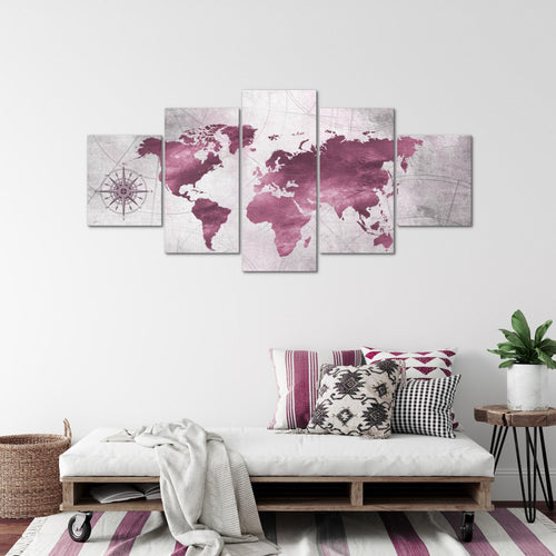 Runa Art - Bilder Weltkarte 200 x 100 cm 5 Teilig XXL Wanddekoration Design Pink 026051b