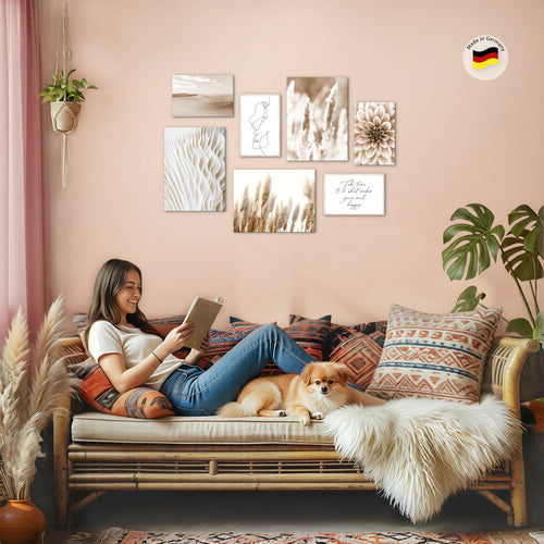 Novart Wandbilder Boho Pampasgras - KOMPLETT AUFHÄNGFERTIG - Beige Wohnzimmer Schlafzimmer - 7 Moderne Mood-Bilder - N013371a