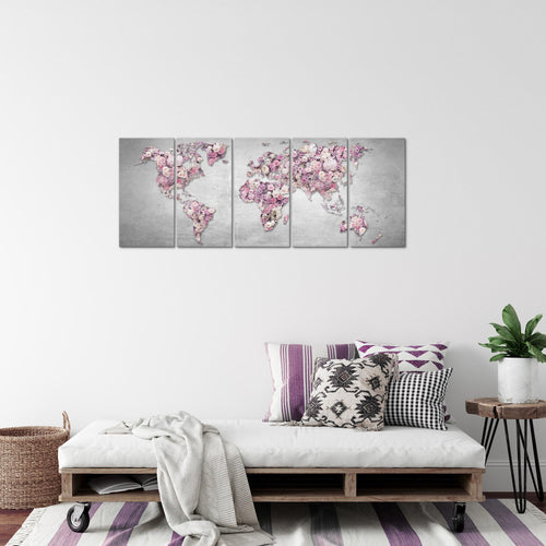 Runa Art Bild Weltkarte Blumen Wandbilder auf Vlies Leinwand 5 Teilig Wanddekoration Wohnzimmer Schlafzimmer 023256a