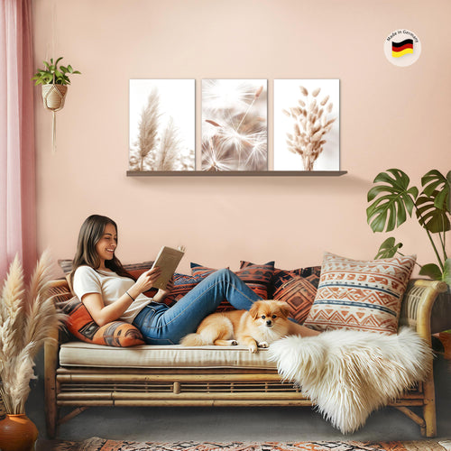 Novart Bilder Set Blumen Pflanzen - KEIN EXTRA RAHMEN BENÖTIGT - Wandbilder für Wohnzimmer Schlafzimmer Büro - 3 Teilig Deko Pflanzen - N008936a
