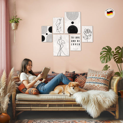 Novart Wandbilder Set Line Art Boho grau - KEIN EXTRA RAHMEN BENÖTIGT -  Modern Deko  - Wohnzimmer Schlafzimmer N028263a