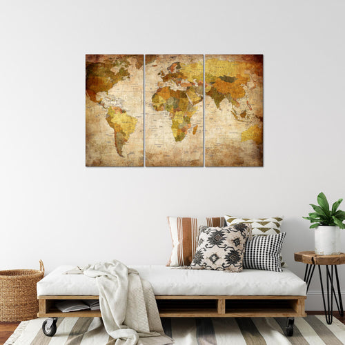 Runa Art Wandbilder Weltkarte Bild XXL Büro Wohnzimmer Gold Vintage Antik 120 x 80 cm 3 Teilig 104031a