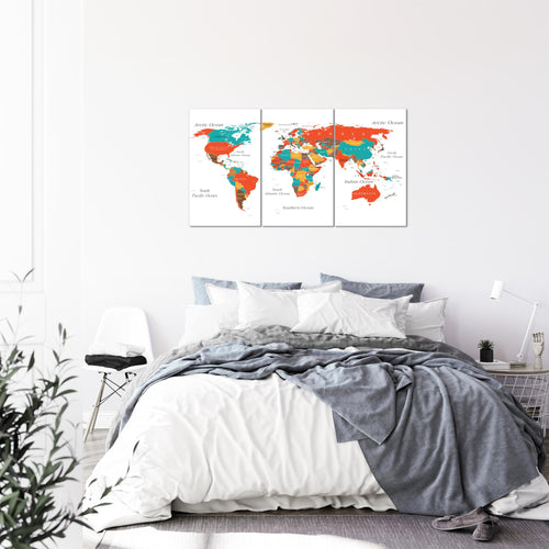 Runa Art Wandbilder Weltkarte Bild XXL Wohnzimmer Schlafzimmer Büro Weltkarte Türkis Orange 40 x 80 cm - 3 Bilder 3 Teilig 057231a