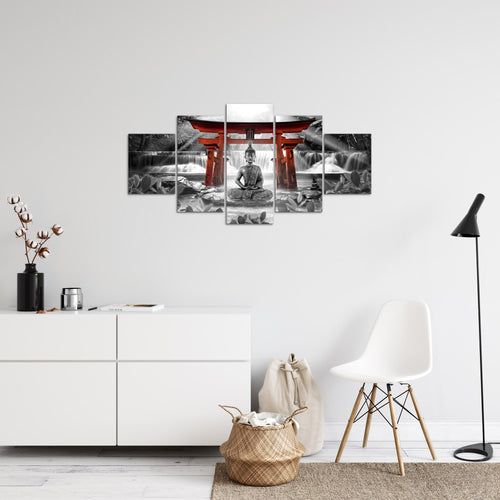 Runa Art Bild Wohnzimmer Schlafzimmer Feng Shui Buddha 5 Teilig Zen Rot Grau Wandbilder auf Vlies Leinwand 036453c