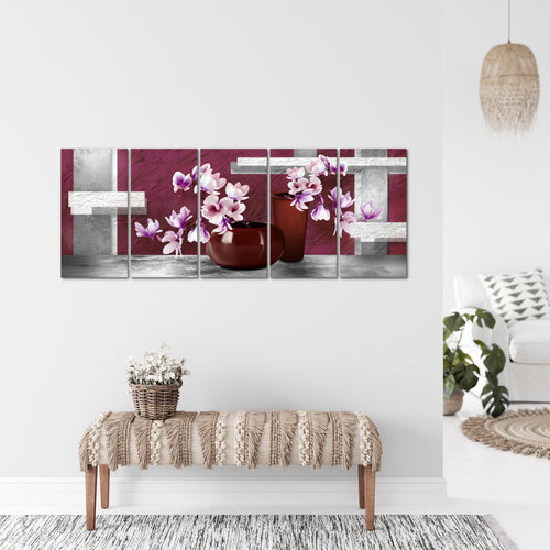 Runa Art Wandbild XXL Blumen Abstrakt Wohnzimmer Schlafzimmer 200 x 80 cm Grau Rot 5 Teilig - Made in Germany - 035255a