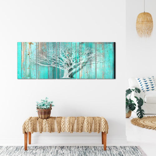 Runa Art Wandbild XXL Baum Abstrakt Wohnzimmer 200 x 80 cm Türkis Grau 5 Teilig - Made in Germany - 039955c