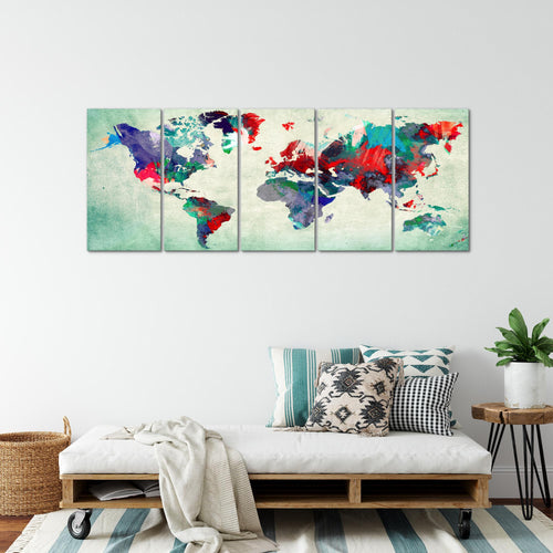 Runa Art Wandbild XXL Weltkarte Büro Wohnzimmer 200 x 80 cm Bunt Grün 5 Teilig - Made in Germany - 105155b