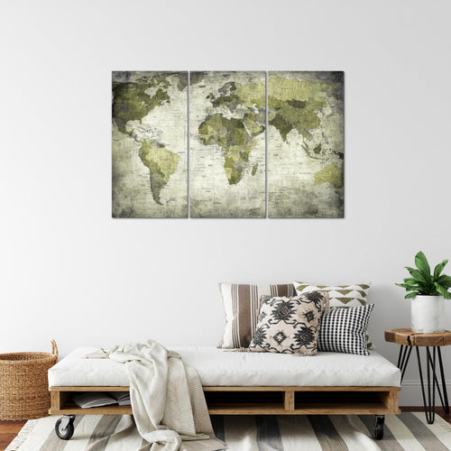 Runa Art Wandbilder Weltkarte Bild XXL Büro Wohnzimmer Grün Vintage Antik 120 x 80 cm 3 Teilig 103431c