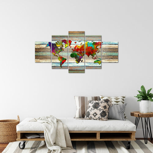 Runa Art Bild Büro Wohnzimmer Weltkarte 5 Teilig Vintage Holz Bunt Wandbilder auf Vlies Leinwand 105453a