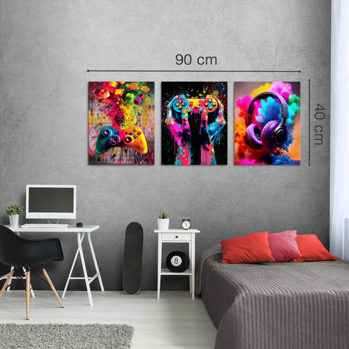 Novart Wandbilder Set Gamer - KOMPLETT AUFHÄNGFERTIG - Kinderzimmer Deko - 3 Moderne Bilder Videospiel - N041235a