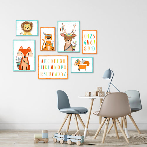 Novart Wandbilder Tiere - KOMPLETT AUFHÄNGFERTIG - Indianer Kinderzimmer Mädchen Junge - 7 Moderne Mood-Bilder - N000271a