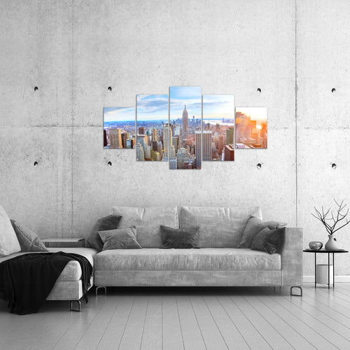 Runa Art Bild Wohnzimmer Büro New York Skyline 5 Teilig NY City Blau Beige Wandbilder auf Vlies Leinwand 010253a
