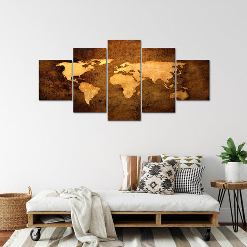 Runa Art - Bilder Weltkarte 200 x 100 cm 5 Teilig XXL Wanddekoration Design Gold 101751a