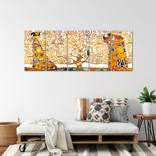 Runa Art Wandbild XXL Gustav Klimt Baum des Lebens Wohnzimmer 200 x 80 cm Gelb 5 Teilig - Made in Germany - 700055a