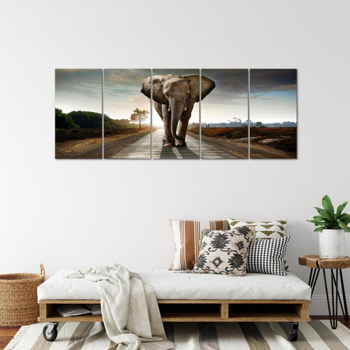 Runa Art Wandbild XXL Afrika Elefant Wohnzimmer Schlafzimmer 200 x 80 cm Braun 5 Teilig - Made in Germany - 042655a