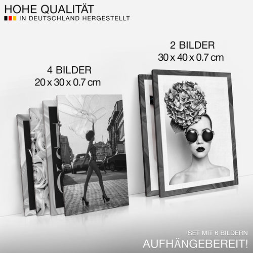 Novart Wandbilder Set Fashion Schwarz Weiss - KEIN EXTRA RAHMEN BENÖTIGT -  Modern Deko  - Wohnzimmer Mädchen Teenager N015563a
