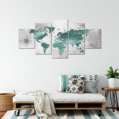 Runa Art - Bilder Weltkarte 200 x 100 cm 5 Teilig XXL Wanddekoration Design Grün Grau 026051c