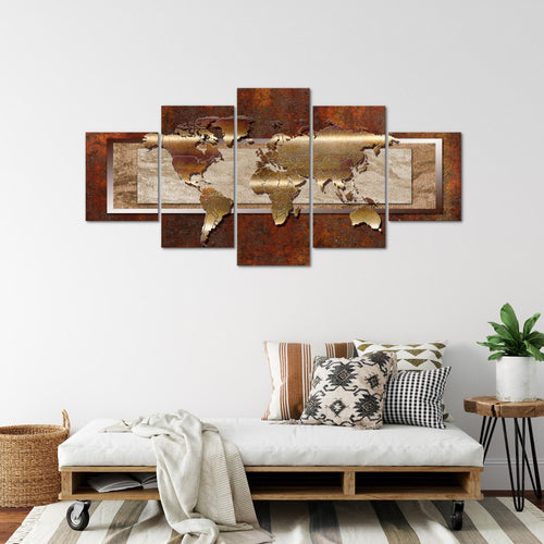 Runa Art - Bilder Weltkarte 200 x 100 cm 5 Teilig XXL Wanddekoration Design Braun 106751a