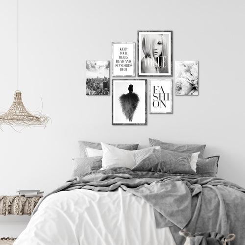 Novart Wandbilder Set Fashion Schwarz Weiss - KEIN EXTRA RAHMEN BENÖTIGT -  Modern Deko  - Wohnzimmer Mädchen Teenager N002163a