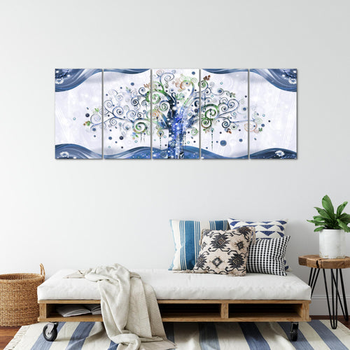 Runa Art Wandbild XXL Gustav Klimt Baum des Lebens Wohnzimmer 200 x 80 cm Blau 5 Teilig - Made in Germany - 003055b