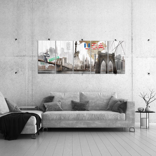 Runa Art Wandbild XXL New York Wohnzimmer Büro 200 x 80 cm Bunt 5 Teilig - Made in Germany - 034755a