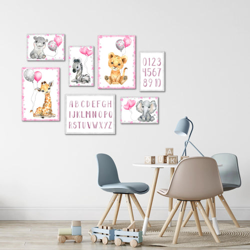 Novart Wandbilder Tiere - KOMPLETT AUFHÄNGFERTIG - Afrika Rosa Kinderzimmer Mädchen - 7 Moderne Mood-Bilder - N016671a