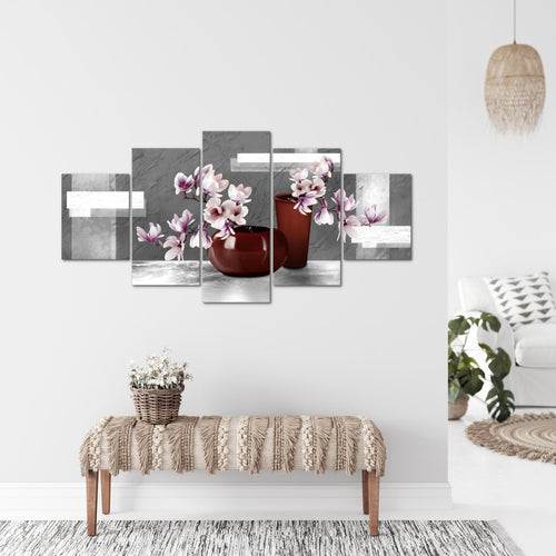 Runa Art - Bilder Blumen Abstrakt 200 x 100 cm 5 Teilig XXL Wanddekoration Design Grau Rosa 035251c