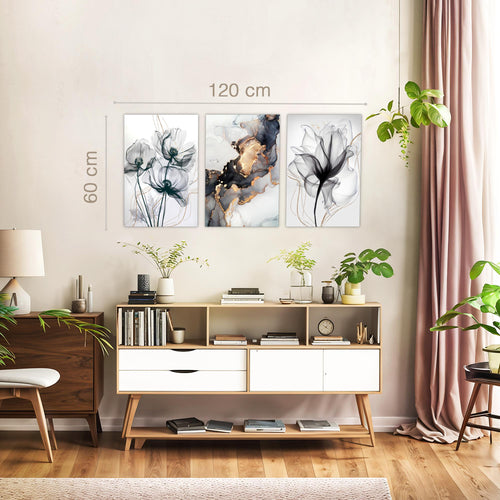 Novart Bilder Set Blumen Pflanzen - KEIN EXTRA RAHMEN BENÖTIGT - Wandbilder für Wohnzimmer Schlafzimmer Büro - 3 Teilig Deko Blumen - N032536b