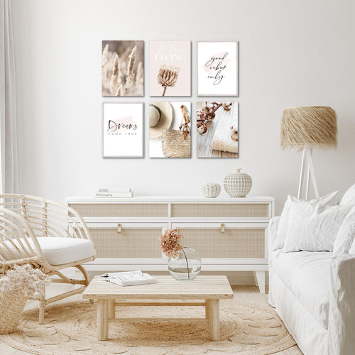 Novart Wandbilder - KEIN EXTRA RAHMEN BENÖTIGT - Wohnzimmer Schlafzimmer - Bilder Modern Boho Pampasgras - Beige Rosa - N006665a